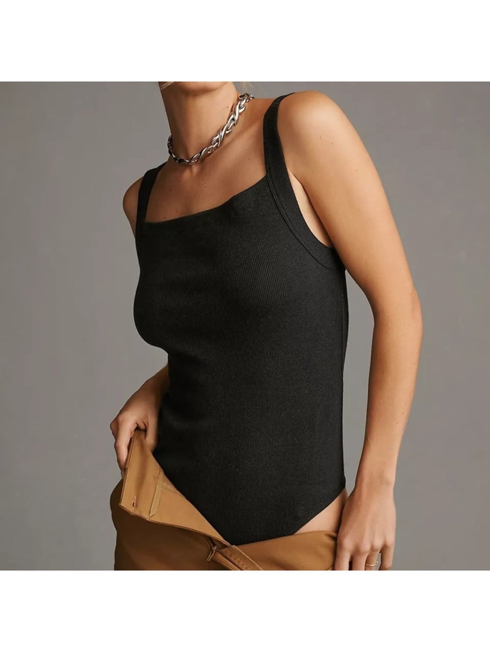 Anthropologie Sleeveless Square-Neck Bodysuit Ribbed Tank Top in Black Size 1X